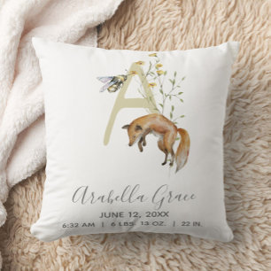 Woodland Animal Letter A Monogram Baby Birth Stats Cushion