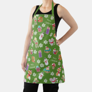 Woodland Animal Pattern Green Merry Christmas Apron