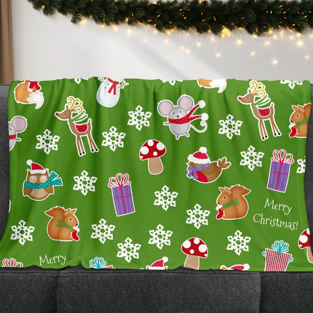 Woodland Animal Pattern Green Merry Christmas Fleece Blanket (Creator Uploaded)