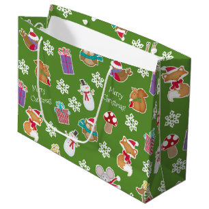 Woodland Animal Pattern Green Merry Christmas Large Gift Bag
