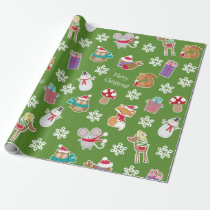 Woodland Animal Pattern Green Merry Christmas Wrapping Paper