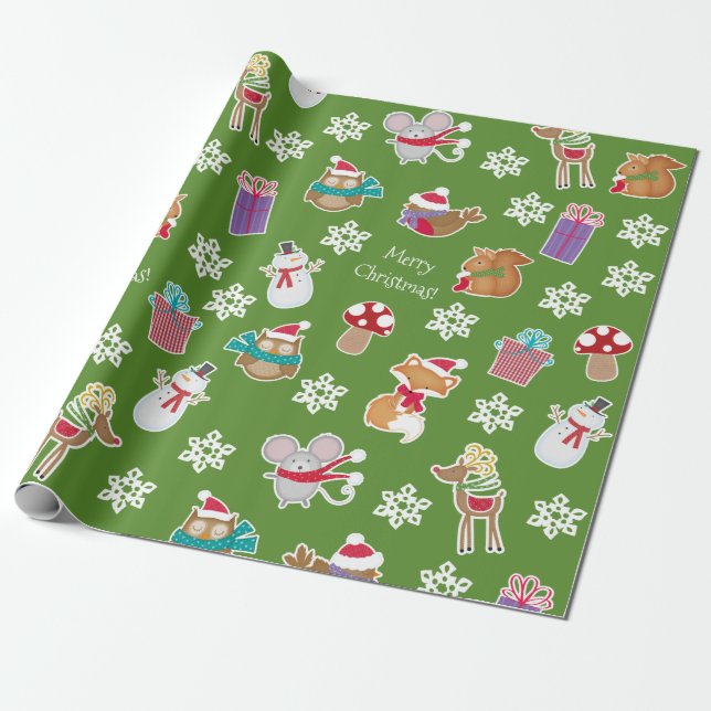 Woodland Animal Pattern Green  Merry Christmas Wrapping Paper (Unrolled)