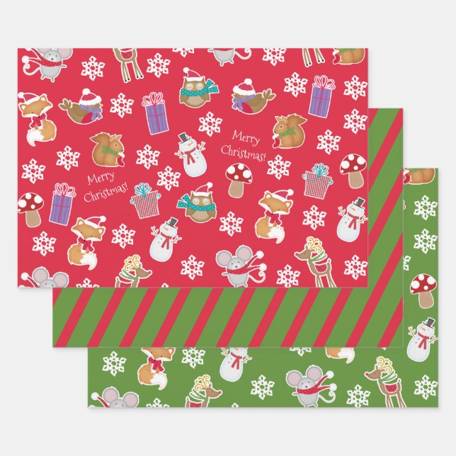 Woodland Animal Pattern Red Green Merry Christmas Wrapping Paper Sheet (Set)