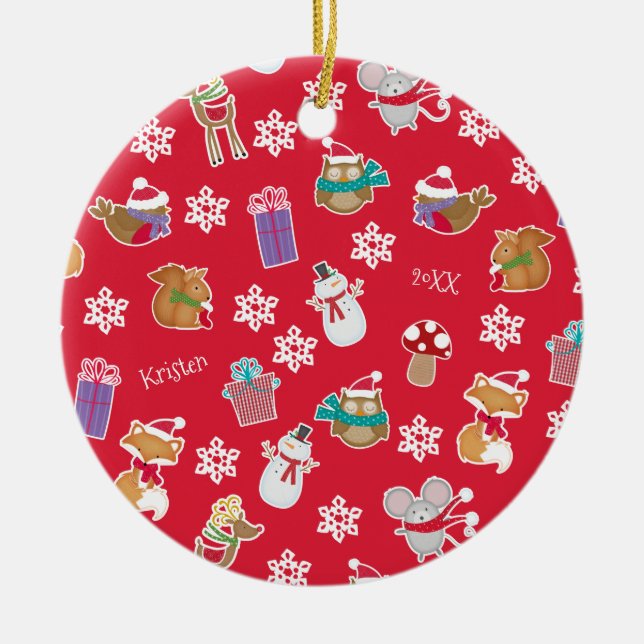 Woodland Animal Pattern Red Merry Christmas Ceramic Tree Decoration (Front)