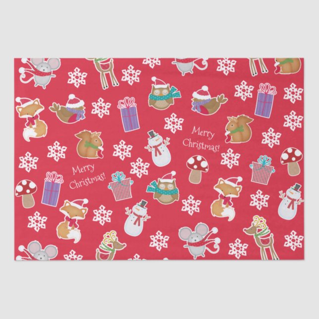 Woodland Animal Pattern Red Merry Christmas Tissue Paper (Front)