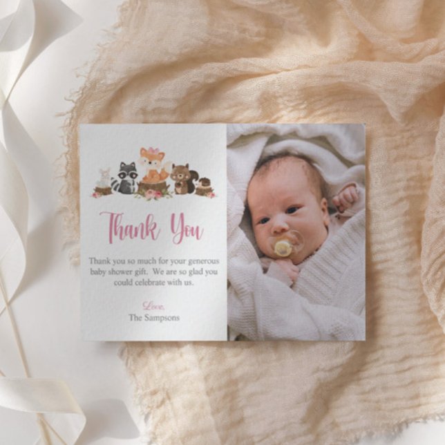 Woodland Animal Pink Pastel Floral Baby Shower Thank You Card (Creator Uploaded)