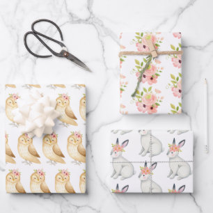 Woodland Animal Prints Pink Florals Wrapping Paper Sheet