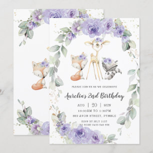 Woodland Animal Purple Floral Greenery Birthday Invitation