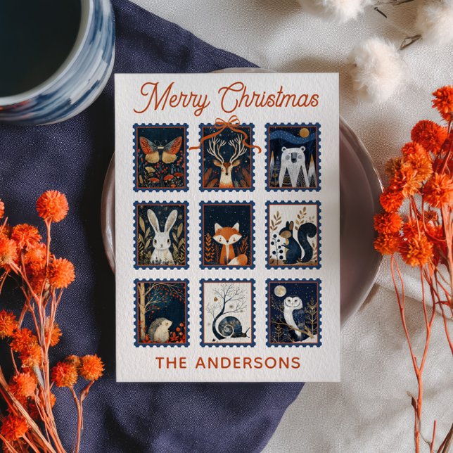 Woodland Animal Stamps Collage Merry Christmas  Holiday Card (Creator Uploaded)