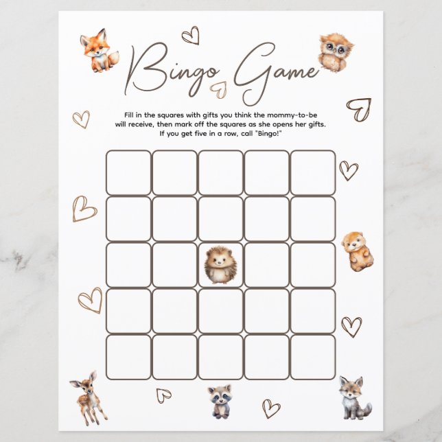 Woodland Animal Theme Bingo Game (Front)