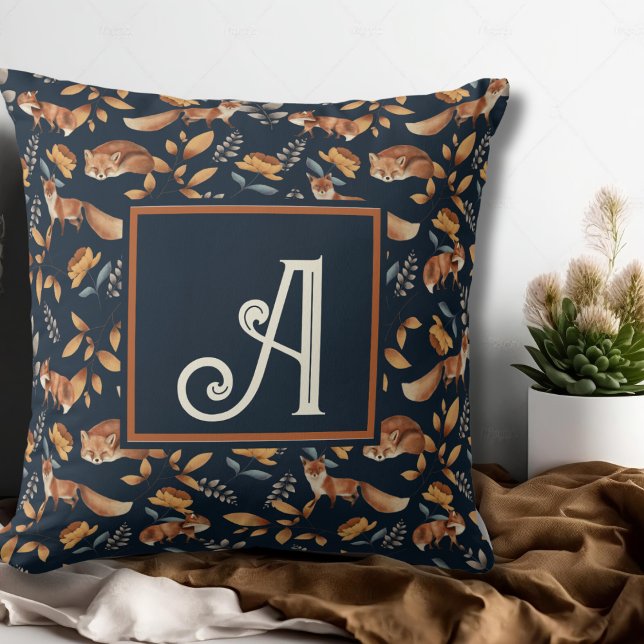 Woodland Animal Watercolor Fox Pattern Monogrammed Cushion (Monogram Cute Woodland Red Fox Pattern Watercolor Throw Pillow)