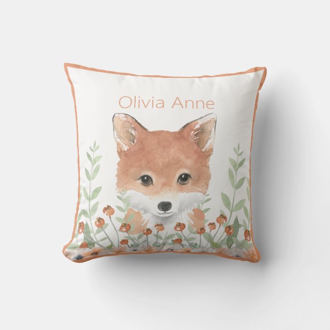 Woodland Animal Watercolor Greenery Modern Name Cushion (Front)