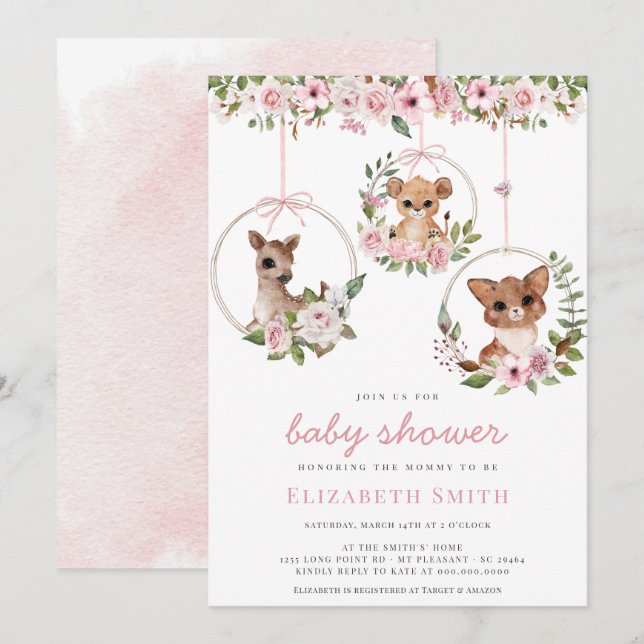 Woodland Animal Watercolor Pink Floral Baby Shower Invitation (Front/Back)