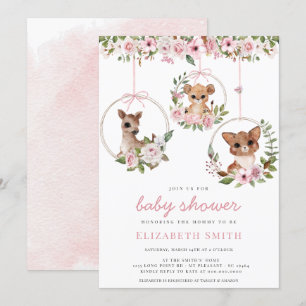 Woodland Animal Watercolor Pink Floral Baby Shower Invitation