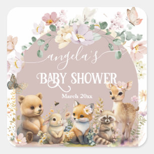 Woodland animal wildflower Girl Baby Shower Square Sticker
