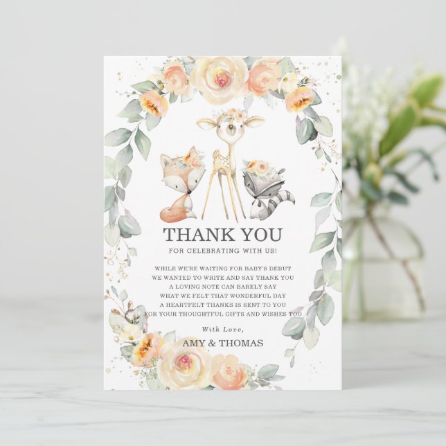 Woodland Animal Yellow Floral Greenery Baby Shower Thank You Card (Standing Front)