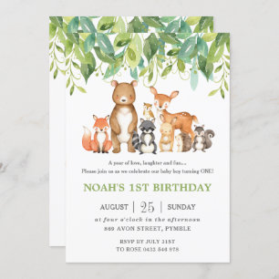 Woodland Animals 1st Birthday Forest Greenery Boy Invitation