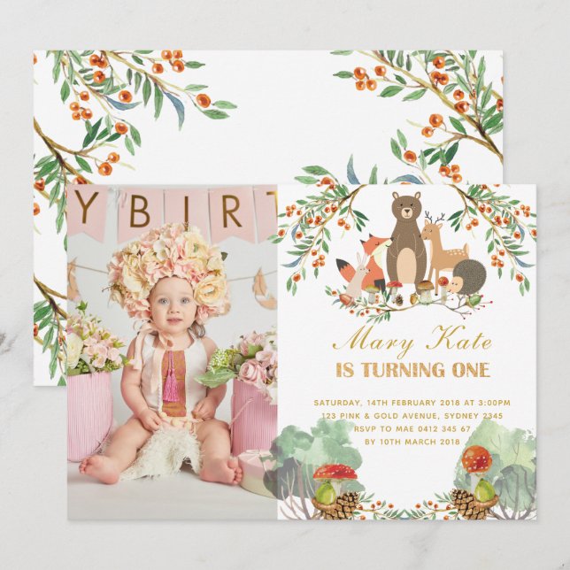 Woodland Animals 1st Birthday Invitation (Front/Back)