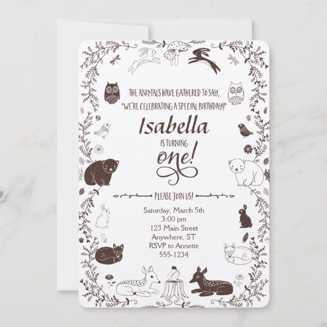 Woodland Animals 1st Birthday Invitation (Front)