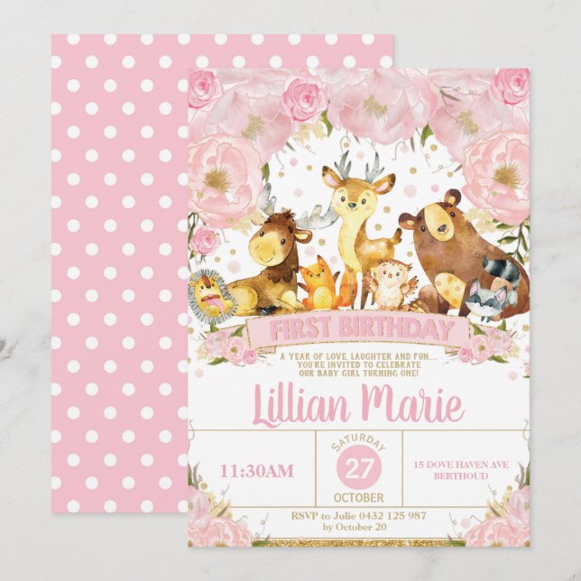 Woodland Animals 1st Birthday Invitation Girl (Front/Back)