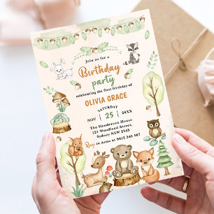 Woodland Animals 1st Birthday Party Invitation