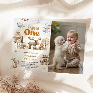 Woodland Animals 1st Birthday Party Photo  Invitation