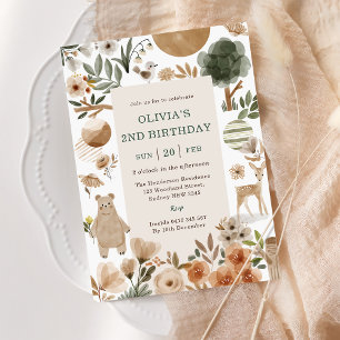 Woodland Animals 2nd Birthday Party  Invitation
