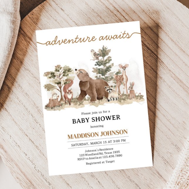 Woodland Animals Adventure Awaits Baby Shower Invitation (Adventure Awaits Woodland Animals Baby Shower Invitation)