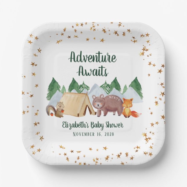 Woodland Animals Adventure Awaits Baby Shower Paper Plate (Front)