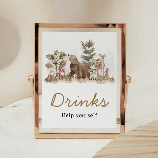Woodland Animals Adventure Awaits Drinks Poster (Adventure Awaits Woodland Animals Baby Shower Drinks Sign)