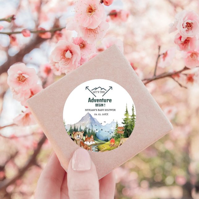 Woodland Animals Adventure Baby Shower Classic Round Sticker (Creator Uploaded)