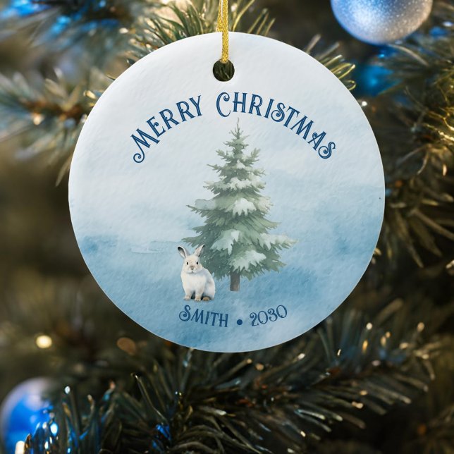 Woodland Animals and Arctic Hare Blue Christmas Ceramic Tree Decoration (Arctic Hare woodland animals ornament front)