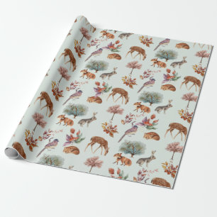 Woodland Animals and Birds Grey Green Background Wrapping Paper