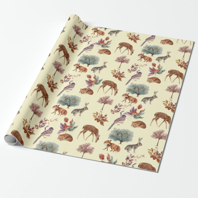 Woodland Animals and Birds  Pale Yellow Background Wrapping Paper (Unrolled)