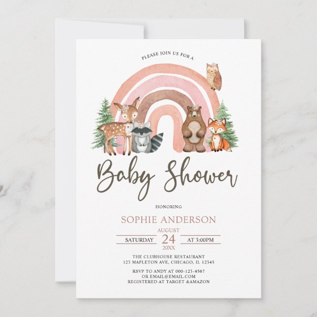 Woodland Animals and Boho Rainbow Baby Shower Invitation (Front)