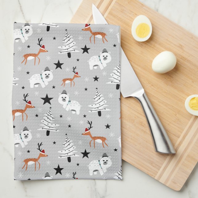Woodland Animals and Christmas Trees  Tea Towel (Quarter Fold)