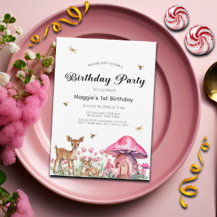 Woodland Animals and Fairy Mushrooms 1st Birthday  Invitation