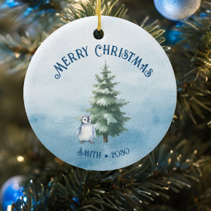Woodland Animals and Penguin Blue Christmas Ceramic Tree Decoration