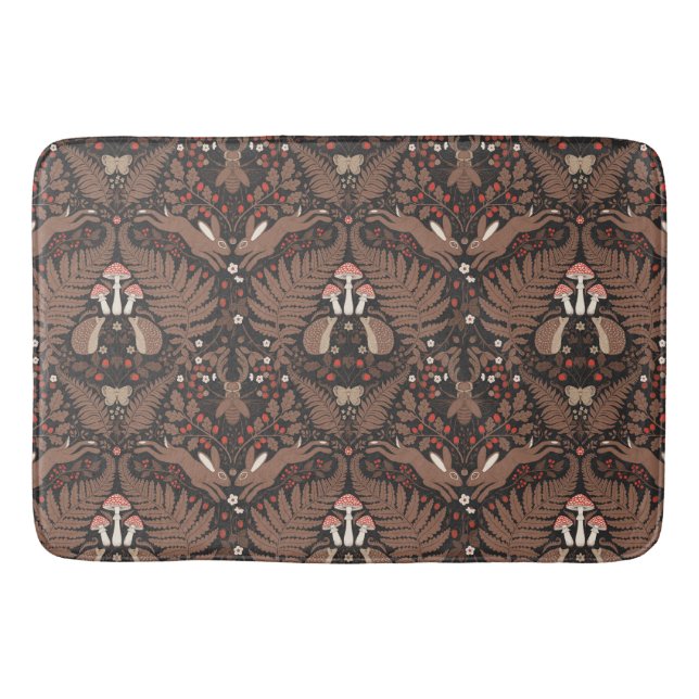 Woodland animals and plants in red and brown bath mat (Front)