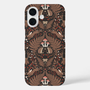 Woodland animals and plants in red and brown iPhone 16 case
