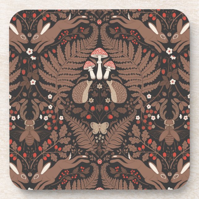 Woodland animals and plants in red and brown coaster (Front)