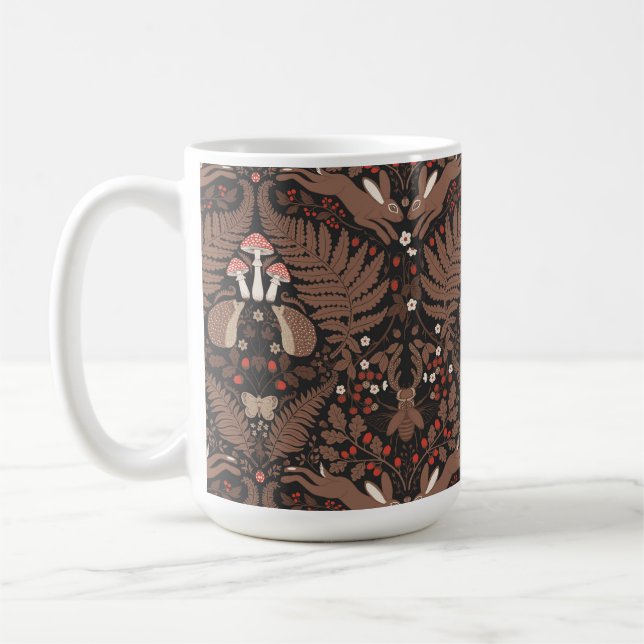 Woodland animals and plants in red and brown coffee mug (Left)