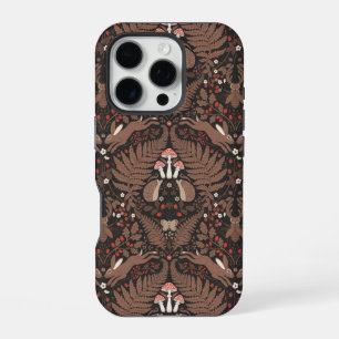 Woodland animals and plants in red and brown iPhone 16 pro case