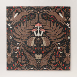 Woodland animals and plants in red and brown jigsaw puzzle