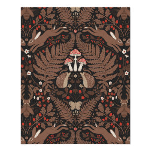 Woodland animals and plants in red and brown poster