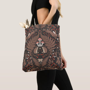 Woodland animals and plants in red and brown tote bag