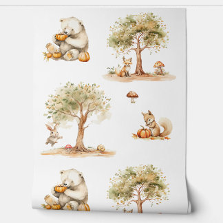 Woodland Animals and Pumpkins Fall Forest Wallpaper