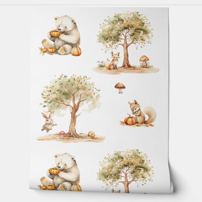 Woodland Animals and Pumpkins Fall Forest Wallpaper (Unrolling)