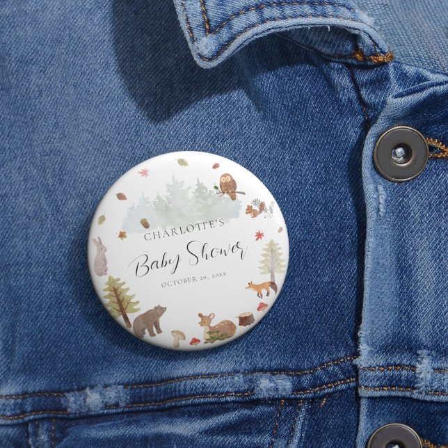 Woodland Animals Autumn Fall Baby Shower 6 Cm Round Badge (Woodland Animals Fall Script Baby Shower Button)