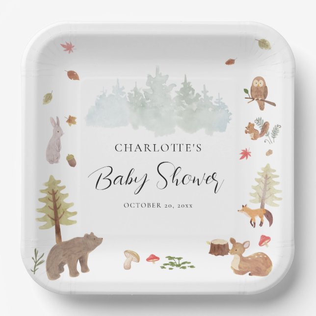 Woodland Animals Autumn Fall Baby Shower Paper Plate (Front)